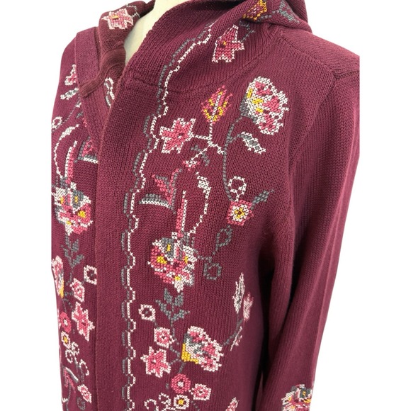Christopher & Banks Long Sweater Sz S Burgundy Floral Cross Stitch Embroidered - Picture 4 of 9